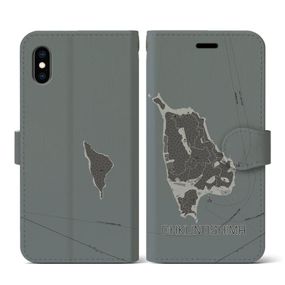 【大久野島（広島県）】地図柄iPhoneケース（手帳タイプ）モノトーン・iPhone XS / X 用