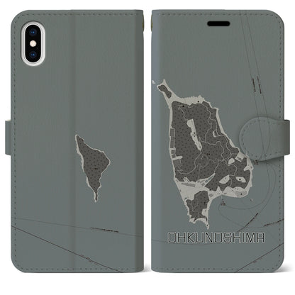 【大久野島（広島県）】地図柄iPhoneケース（手帳タイプ）モノトーン・iPhone XS Max 用