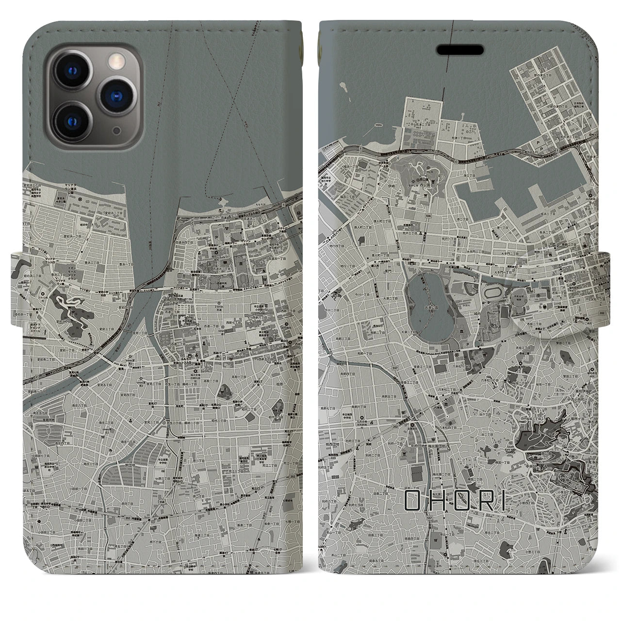 【大濠】地図柄iPhoneケース（手帳両面タイプ・モノトーン）iPhone 11 Pro Max 用