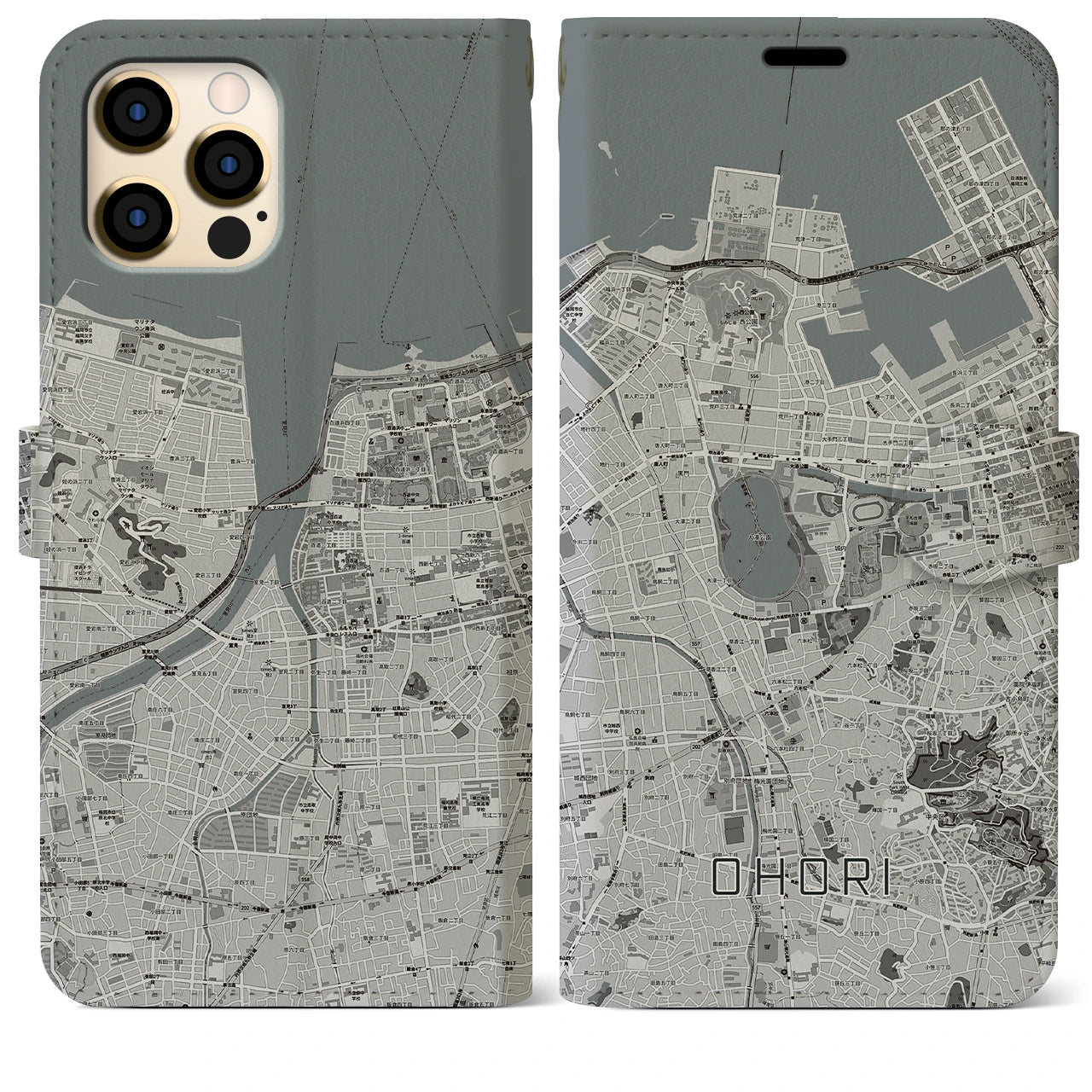 【大濠】地図柄iPhoneケース（手帳両面タイプ・モノトーン）iPhone 12 Pro Max 用