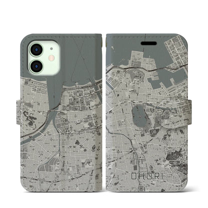 【大濠（福岡県）】地図柄iPhoneケース（手帳タイプ）モノトーン・iPhone 12 mini 用