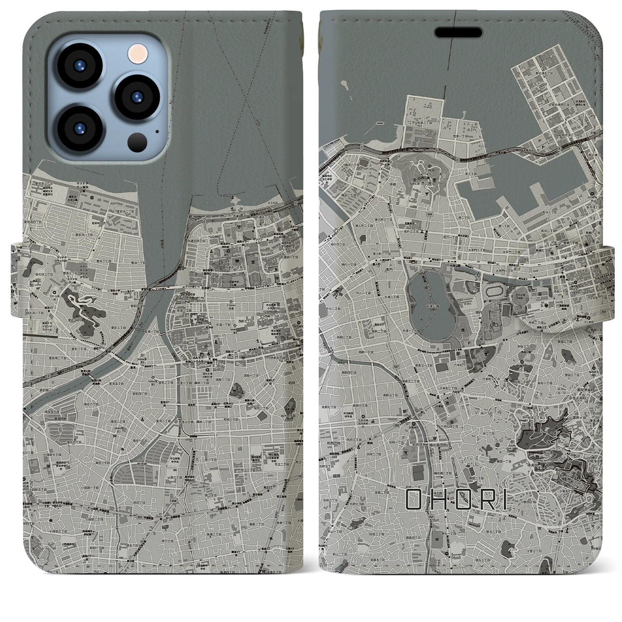 【大濠】地図柄iPhoneケース（手帳両面タイプ・モノトーン）iPhone 13 Pro Max 用