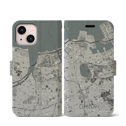 【大濠（福岡県）】地図柄iPhoneケース（手帳タイプ）モノトーン・iPhone 13 mini 用