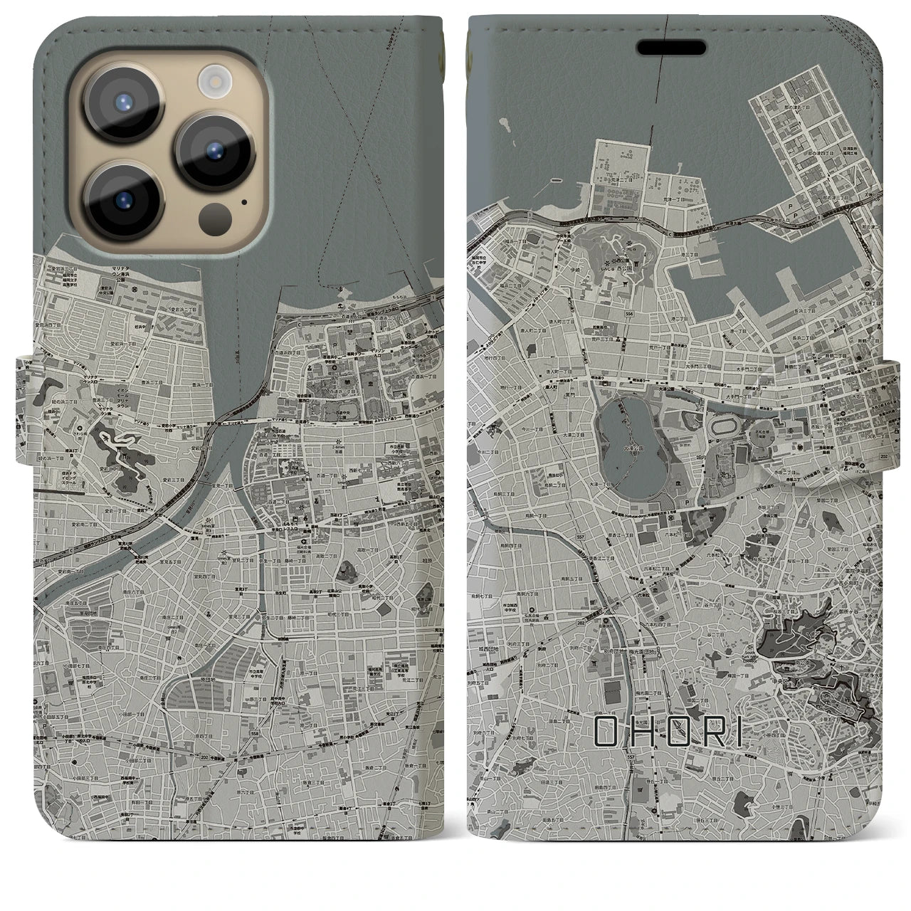 【大濠】地図柄iPhoneケース（手帳両面タイプ・モノトーン）iPhone 14 Pro Max 用