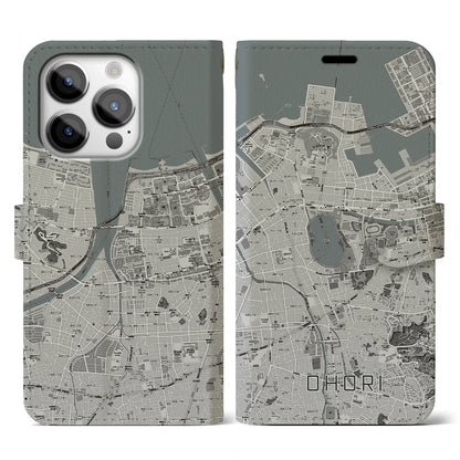 【大濠（福岡県）】地図柄iPhoneケース（手帳タイプ）モノトーン・iPhone 14 Pro 用