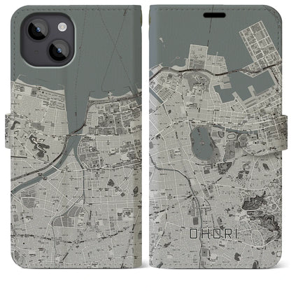 【大濠（福岡県）】地図柄iPhoneケース（手帳タイプ）モノトーン・iPhone 14 Plus 用