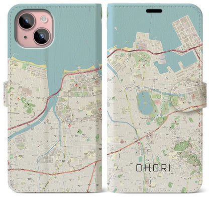【大濠（福岡県）】地図柄iPhoneケース（手帳タイプ）ナチュラル・iPhone 15 Plus 用
