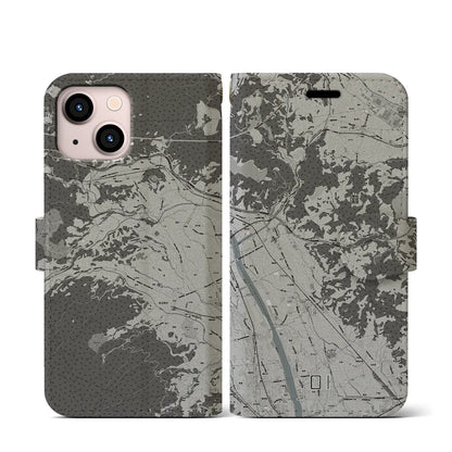 【大井（神奈川県）】地図柄iPhoneケース（手帳タイプ）モノトーン・iPhone 13 mini 用