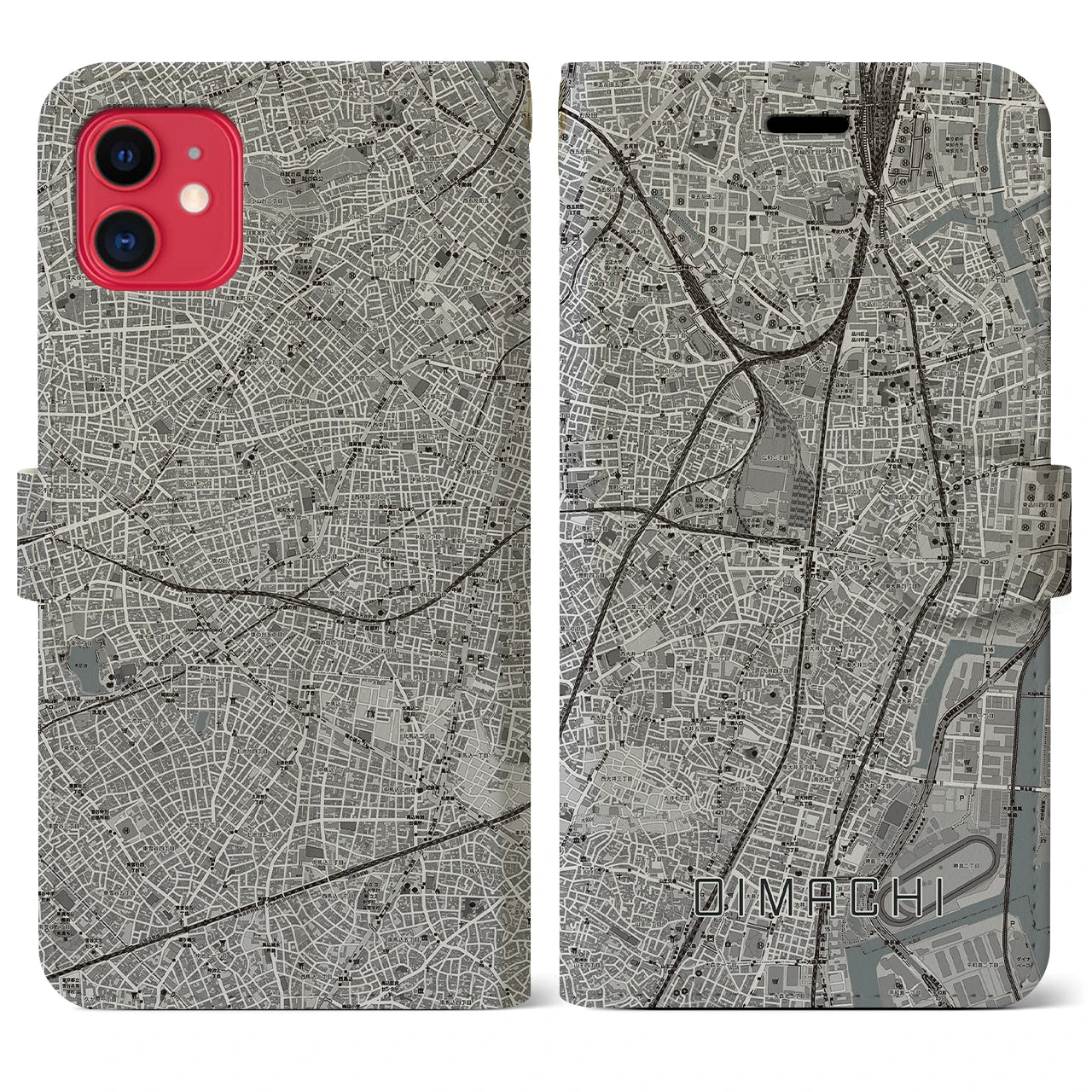 【大井町】地図柄iPhoneケース（手帳両面タイプ・モノトーン）iPhone 11 用