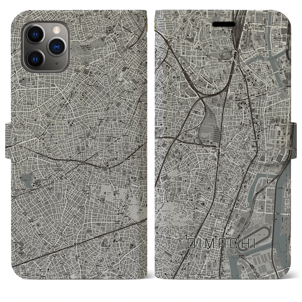 【大井町】地図柄iPhoneケース（手帳両面タイプ・モノトーン）iPhone 11 Pro Max 用