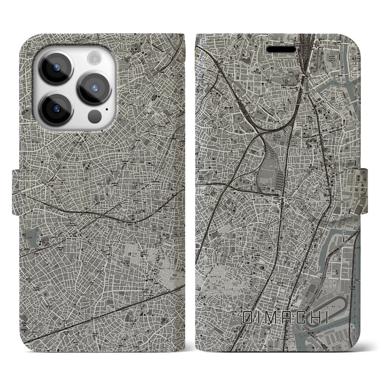 【大井町】地図柄iPhoneケース（手帳両面タイプ・モノトーン）iPhone 14 Pro 用