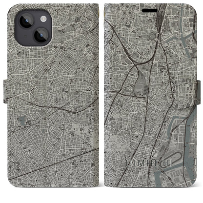 【大井町（東京都）】地図柄iPhoneケース（手帳タイプ）モノトーン・iPhone 14 Plus 用