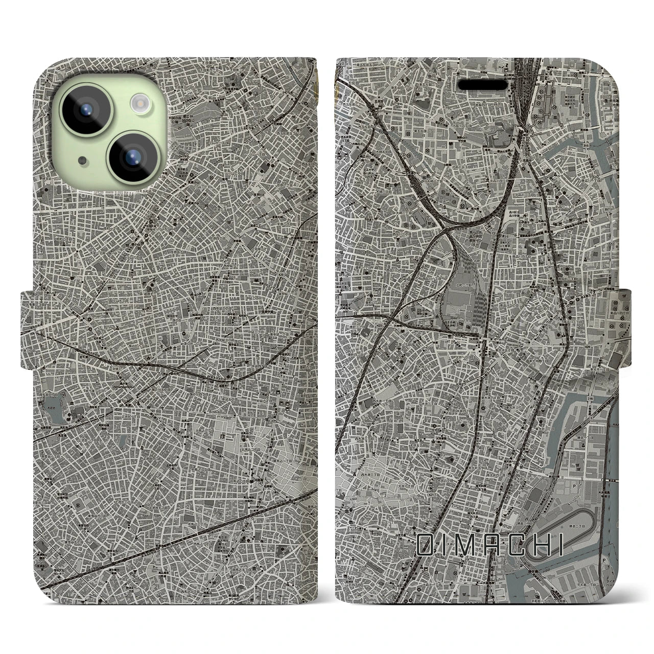 【大井町】地図柄iPhoneケース（手帳両面タイプ・モノトーン）iPhone 15 用