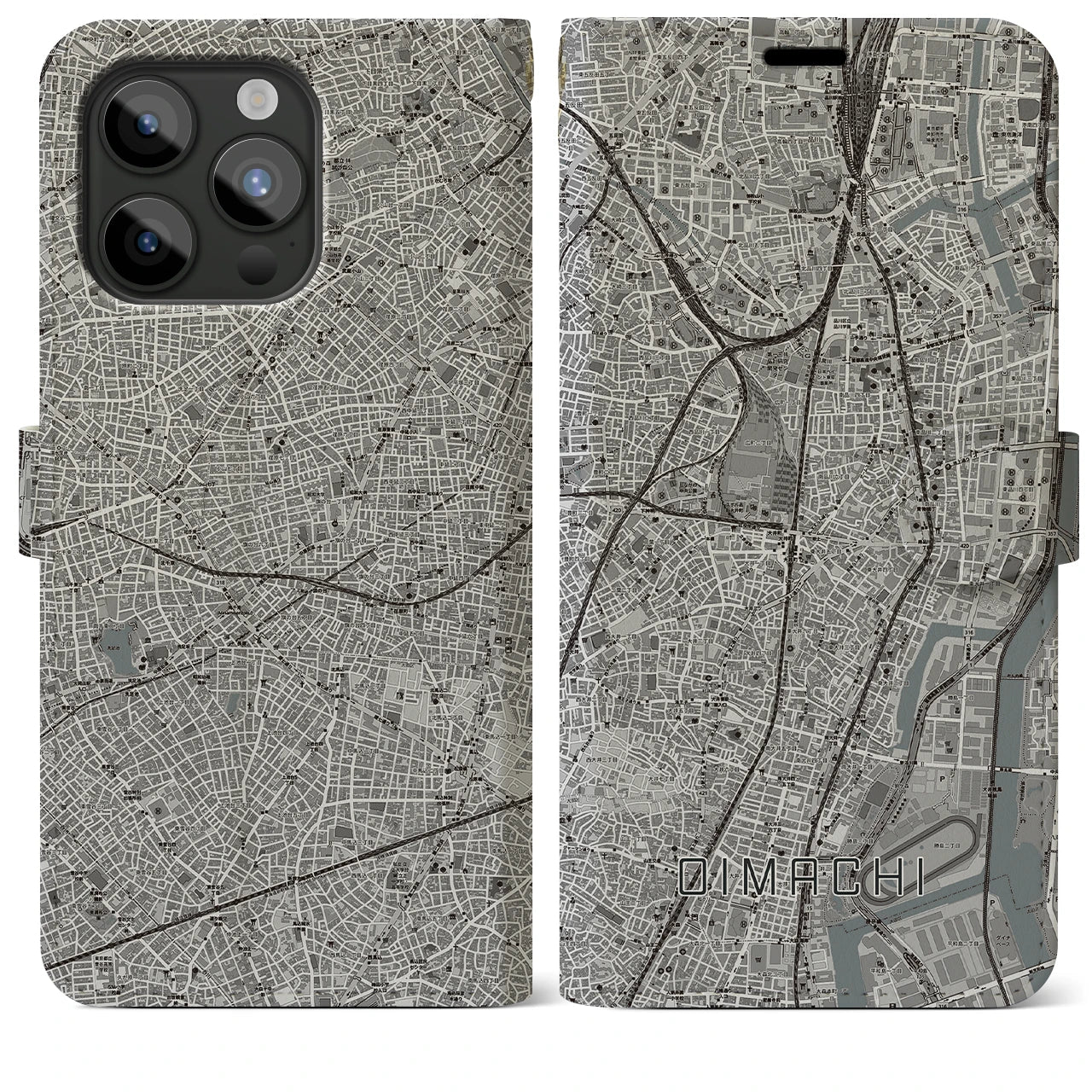 【大井町】地図柄iPhoneケース（手帳両面タイプ・モノトーン）iPhone 15 Pro Max 用