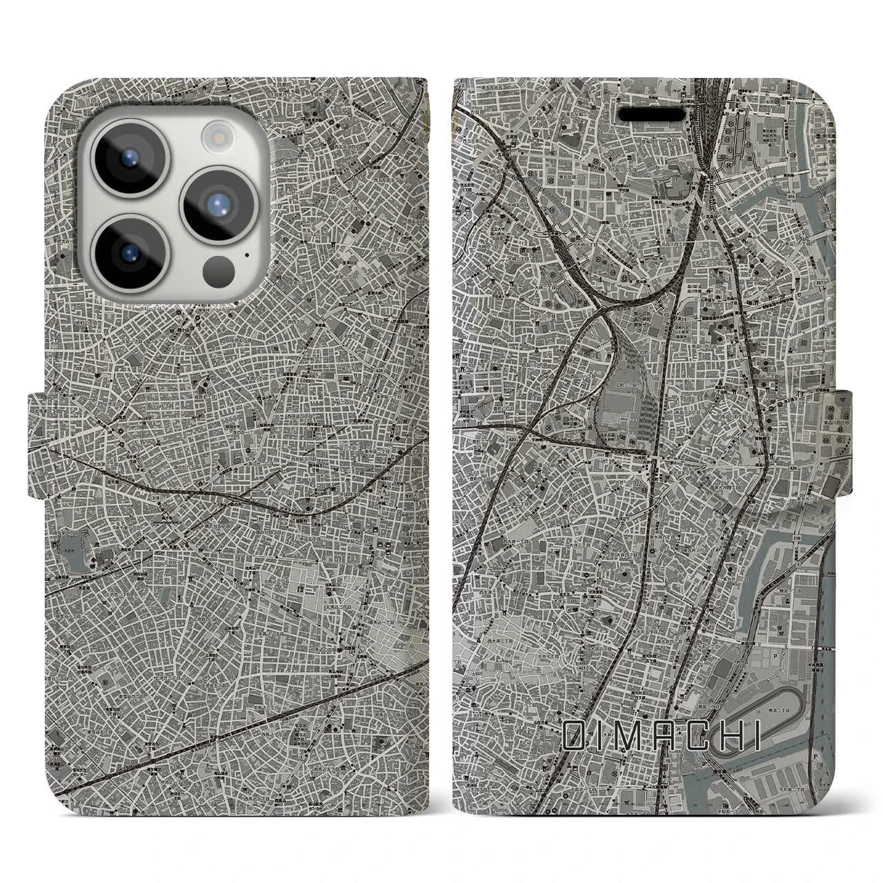 【大井町】地図柄iPhoneケース（手帳両面タイプ・モノトーン）iPhone 15 Pro 用
