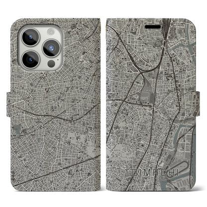 【大井町（東京都）】地図柄iPhoneケース（手帳タイプ）モノトーン・iPhone 15 Pro 用