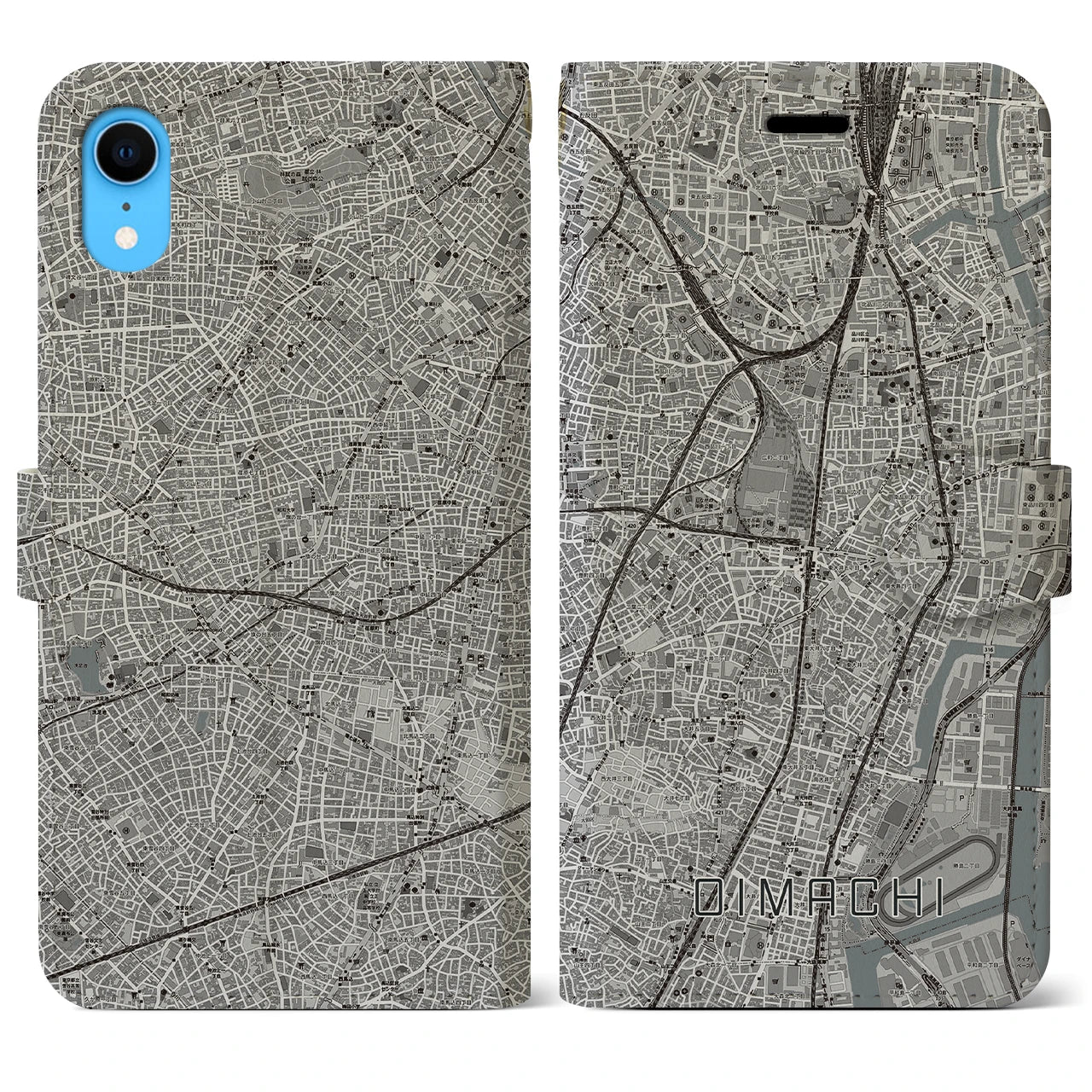 【大井町】地図柄iPhoneケース（手帳両面タイプ・モノトーン）iPhone XR 用