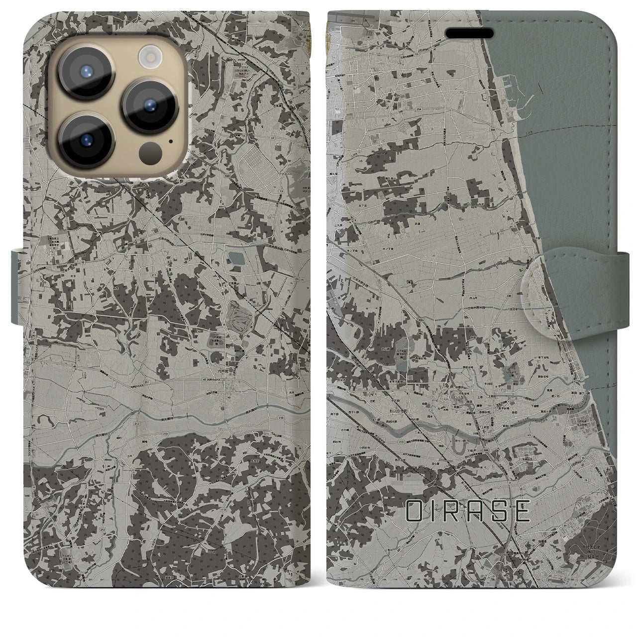 【おいらせ】地図柄iPhoneケース（手帳両面タイプ・モノトーン）iPhone 14 Pro Max 用