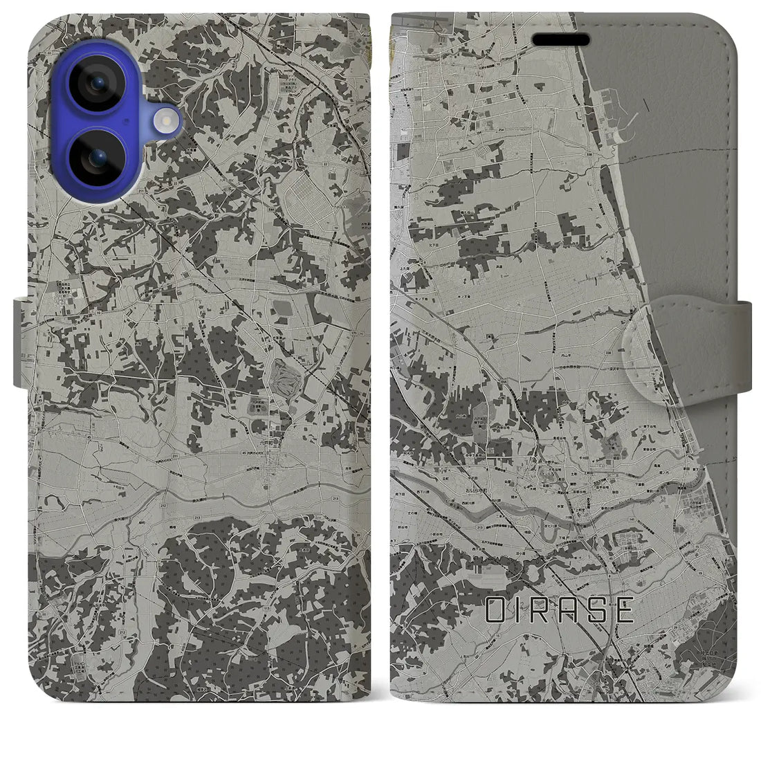 【おいらせ(青森県)】地図柄iPhoneケース(手帳タイプ)モノトーン・iPhone 16 Pro Max 用