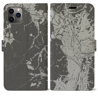 【大石田（山形県）】地図柄iPhoneケース（手帳タイプ）モノトーン・iPhone 11 Pro Max 用