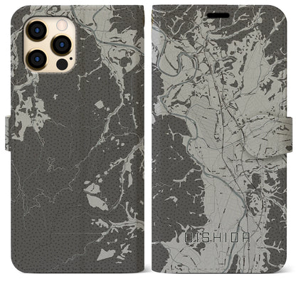 【大石田（山形県）】地図柄iPhoneケース（手帳タイプ）モノトーン・iPhone 12 Pro Max 用