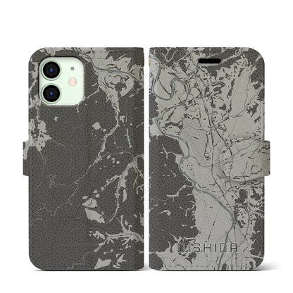 【大石田（山形県）】地図柄iPhoneケース（手帳タイプ）モノトーン・iPhone 12 mini 用
