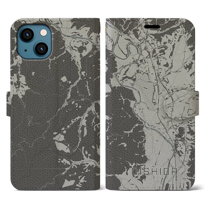 【大石田（山形県）】地図柄iPhoneケース（手帳タイプ）モノトーン・iPhone 13 用