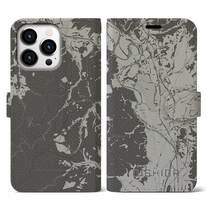 【大石田（山形県）】地図柄iPhoneケース（手帳タイプ）モノトーン・iPhone 13 Pro 用