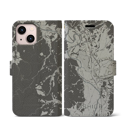 【大石田（山形県）】地図柄iPhoneケース（手帳タイプ）モノトーン・iPhone 13 mini 用