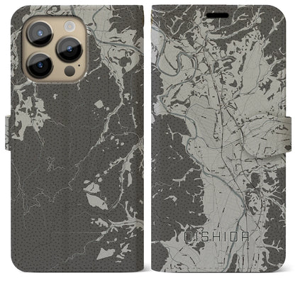 【大石田（山形県）】地図柄iPhoneケース（手帳タイプ）モノトーン・iPhone 14 Pro Max 用