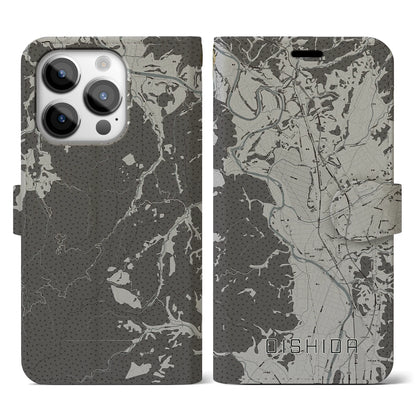 【大石田（山形県）】地図柄iPhoneケース（手帳タイプ）モノトーン・iPhone 14 Pro 用