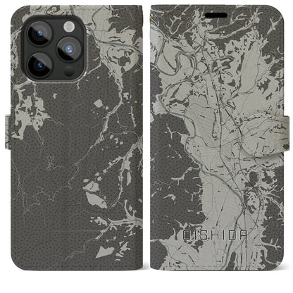 【大石田（山形県）】地図柄iPhoneケース（手帳タイプ）モノトーン・iPhone 15 Pro Max 用