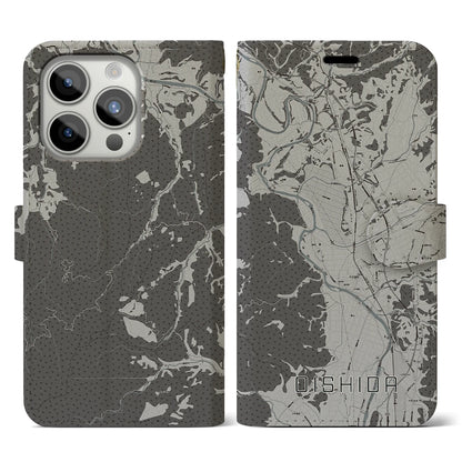 【大石田（山形県）】地図柄iPhoneケース（手帳タイプ）モノトーン・iPhone 15 Pro 用