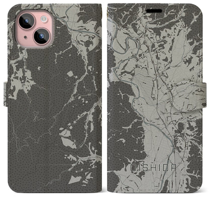 【大石田（山形県）】地図柄iPhoneケース（手帳タイプ）モノトーン・iPhone 15 Plus 用