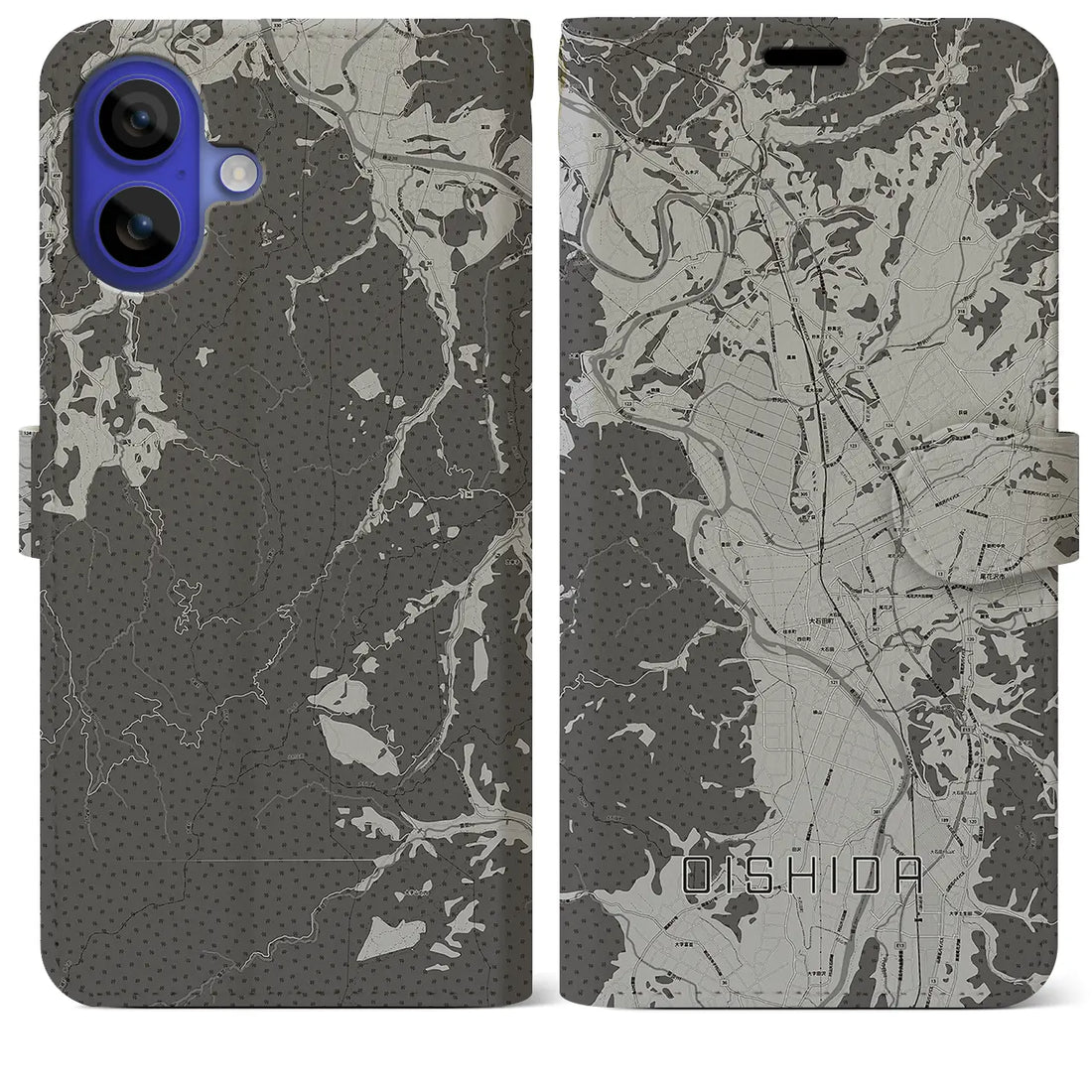 【大石田(山形県)】地図柄iPhoneケース(手帳タイプ)モノトーン・iPhone 16 Pro Max 用