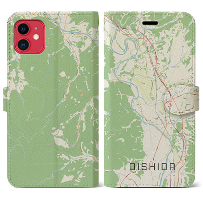 【大石田（山形県）】地図柄iPhoneケース（手帳タイプ）ナチュラル・iPhone 11 用