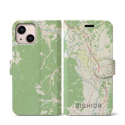 【大石田（山形県）】地図柄iPhoneケース（手帳タイプ）ナチュラル・iPhone 13 mini 用
