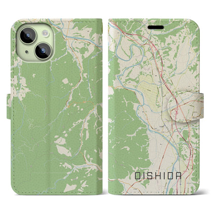 【大石田（山形県）】地図柄iPhoneケース（手帳タイプ）ナチュラル・iPhone 15 用