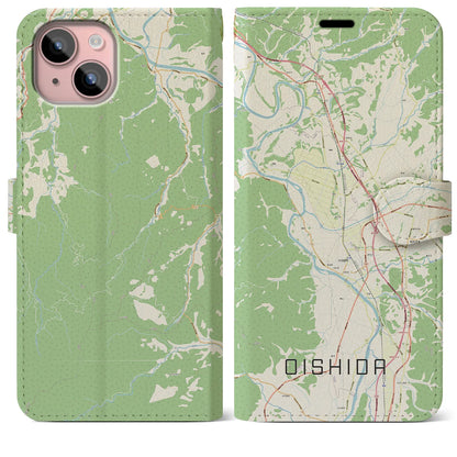 【大石田（山形県）】地図柄iPhoneケース（手帳タイプ）ナチュラル・iPhone 15 Plus 用