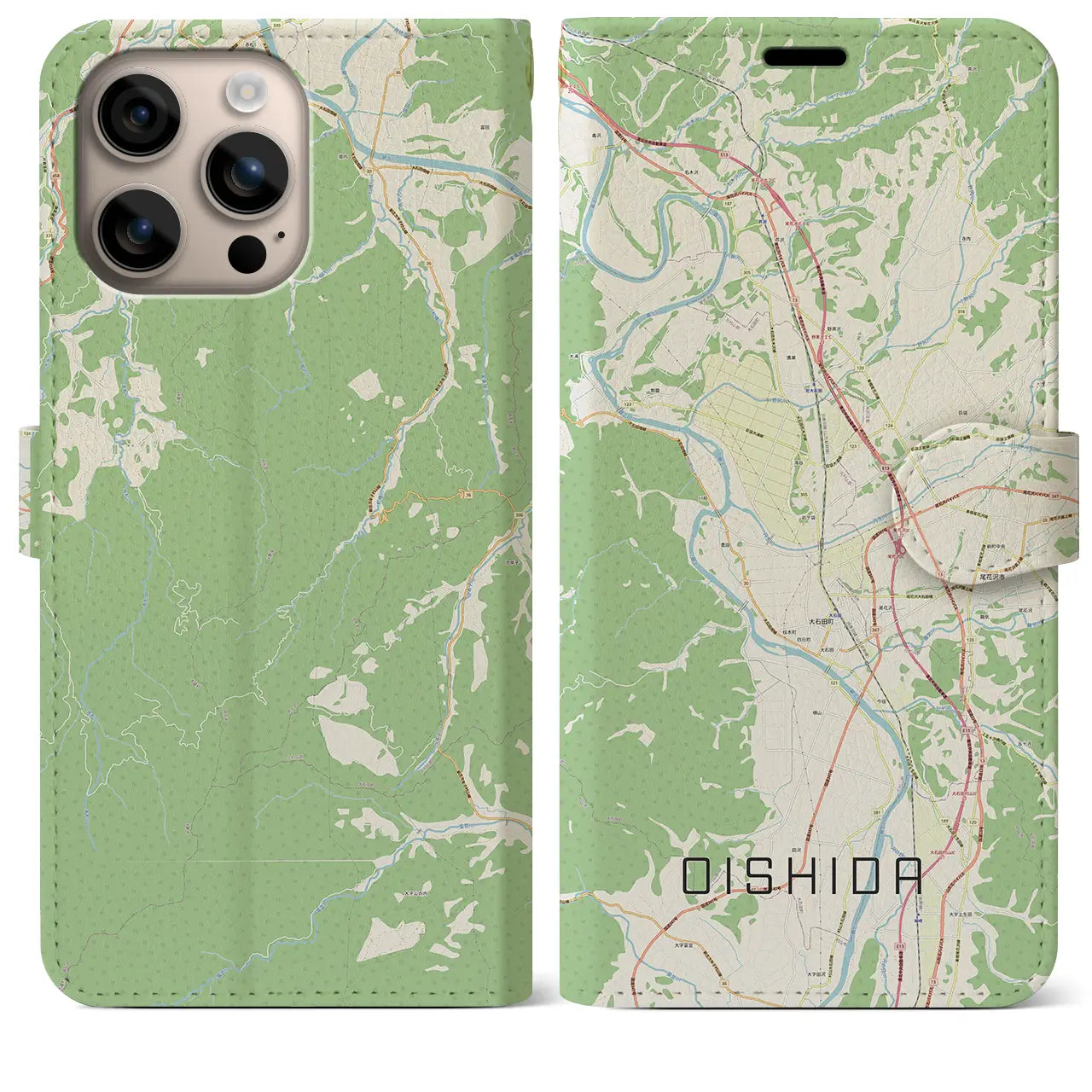 【大石田（山形県）】地図柄iPhoneケース（手帳タイプ）ナチュラル・iPhone 16 Plus 用