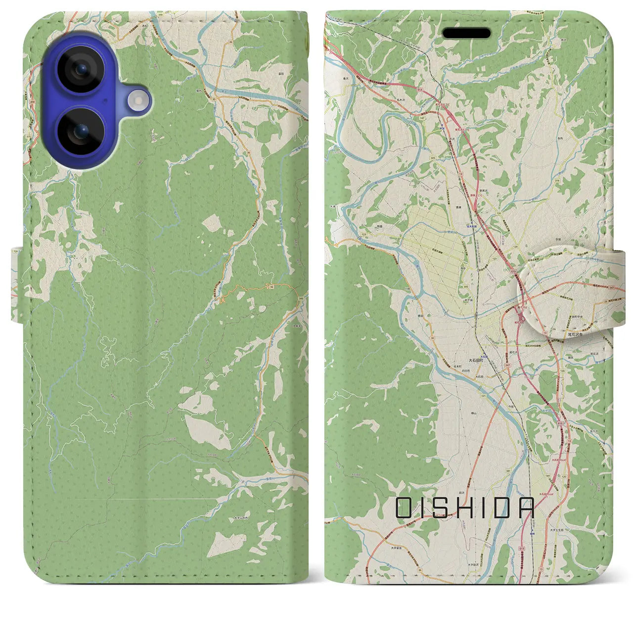 【大石田（山形県）】地図柄iPhoneケース（手帳タイプ）ナチュラル・iPhone 16 Pro Max 用