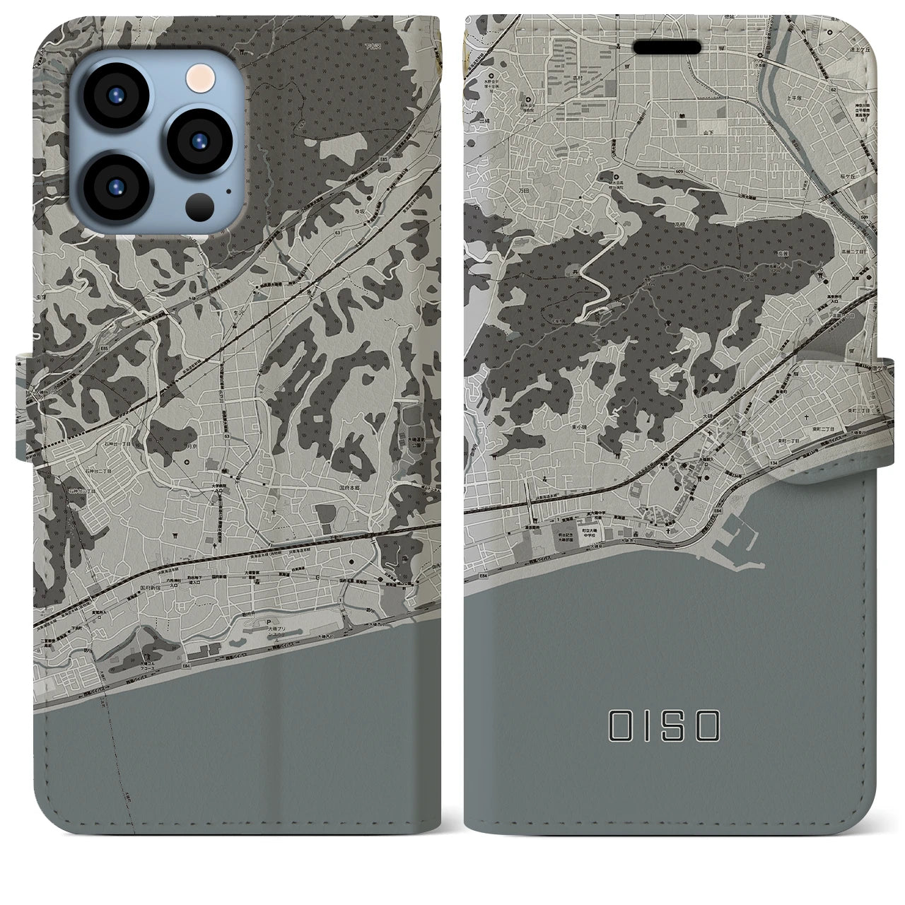 【大磯】地図柄iPhoneケース（手帳両面タイプ・モノトーン）iPhone 13 Pro Max 用