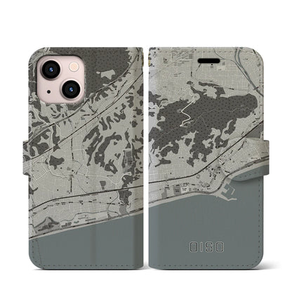 【大磯（神奈川県）】地図柄iPhoneケース（手帳タイプ）モノトーン・iPhone 13 mini 用