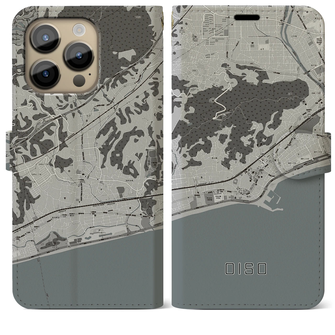 【大磯】地図柄iPhoneケース（手帳両面タイプ・モノトーン）iPhone 14 Pro Max 用
