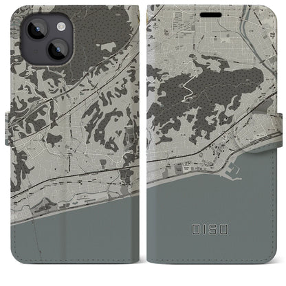 【大磯（神奈川県）】地図柄iPhoneケース（手帳タイプ）モノトーン・iPhone 14 Plus 用