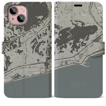 【大磯（神奈川県）】地図柄iPhoneケース（手帳タイプ）モノトーン・iPhone 15 Plus 用