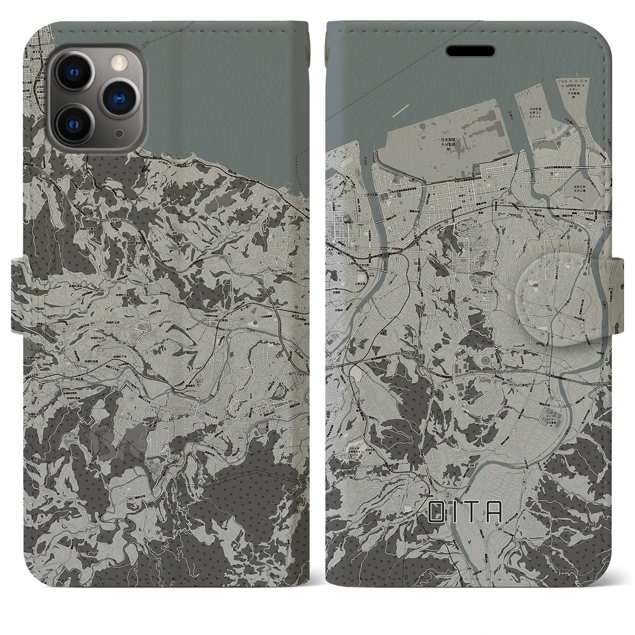 【大分】地図柄iPhoneケース（手帳両面タイプ・モノトーン）iPhone 11 Pro Max 用