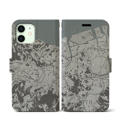 【大分（大分県）】地図柄iPhoneケース（手帳タイプ）モノトーン・iPhone 12 mini 用