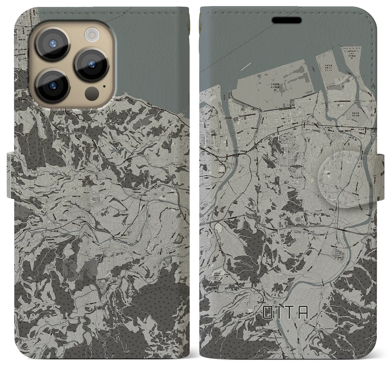 【大分】地図柄iPhoneケース（手帳両面タイプ・モノトーン）iPhone 14 Pro Max 用