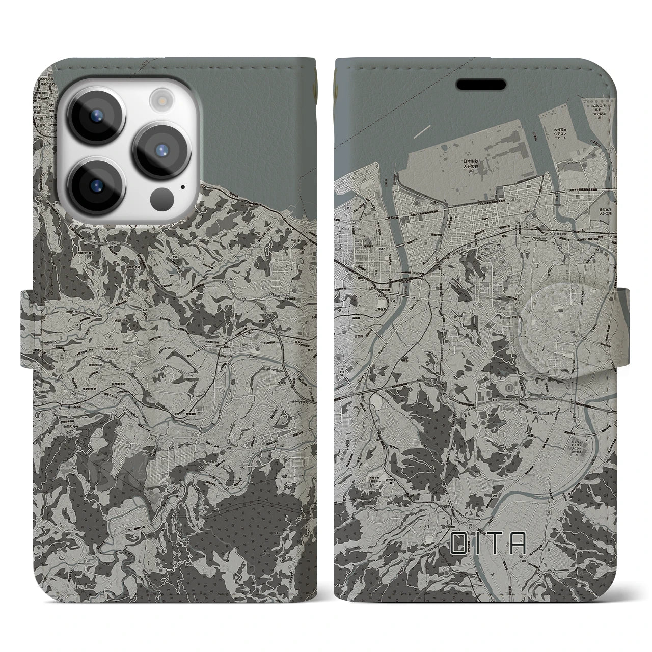 【大分】地図柄iPhoneケース（手帳両面タイプ・モノトーン）iPhone 14 Pro 用